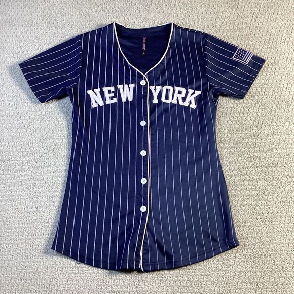 New York Pinstripe Baseball Jersey American Flag Patch Button Up Navy Blue - Picture 1 of 6